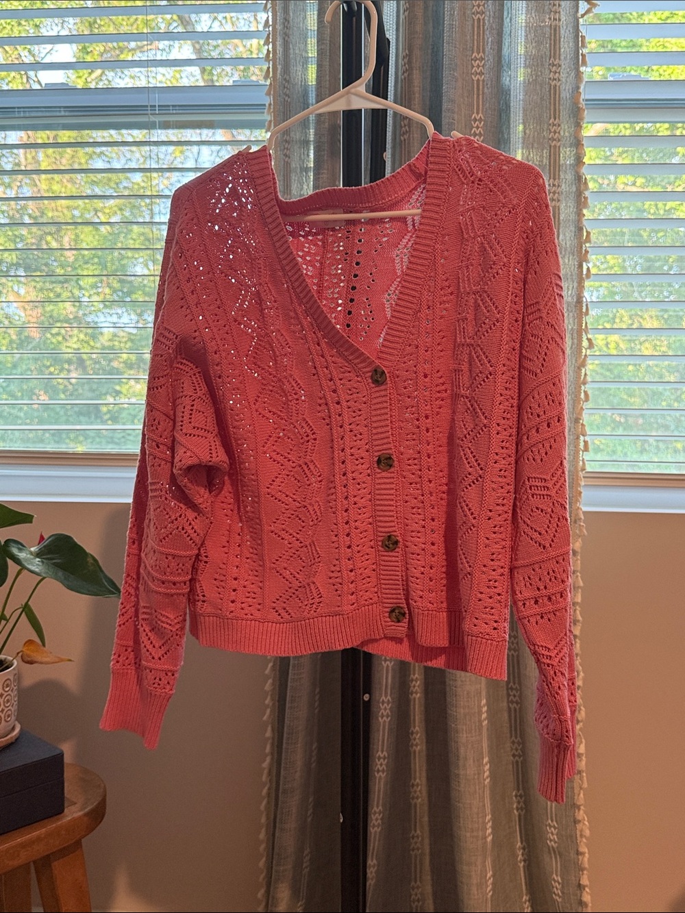 Pink Lily Coral Open-Knit Button Front Cardigan